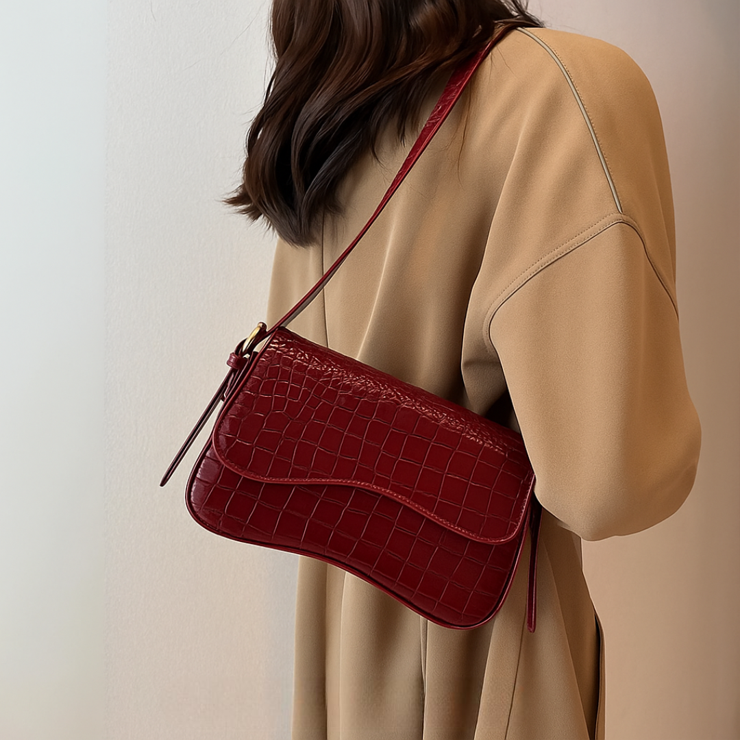 Amira - Glossy Croco Shoulder Bag With Curved Flap