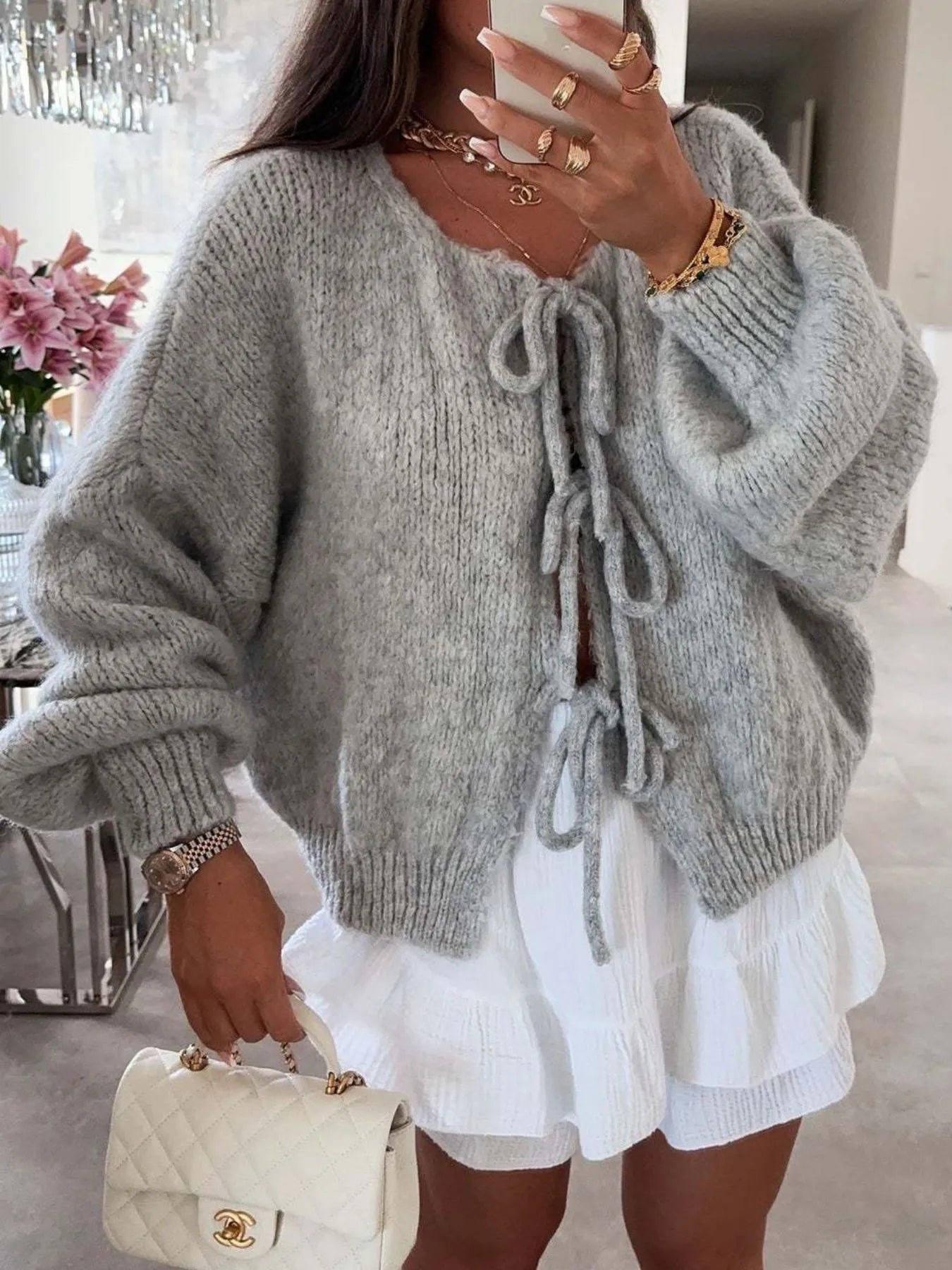 Cozy Bow-Tie Front Knit Cardigan