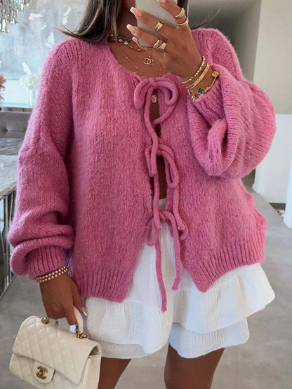 Cozy Bow-Tie Front Knit Cardigan