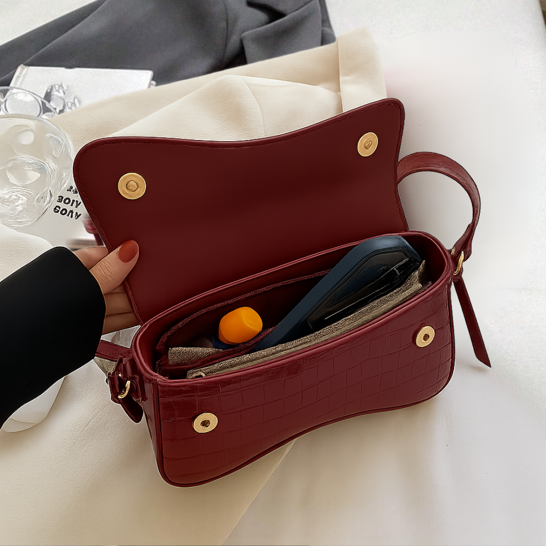 Amira - Glossy Croco Shoulder Bag With Curved Flap