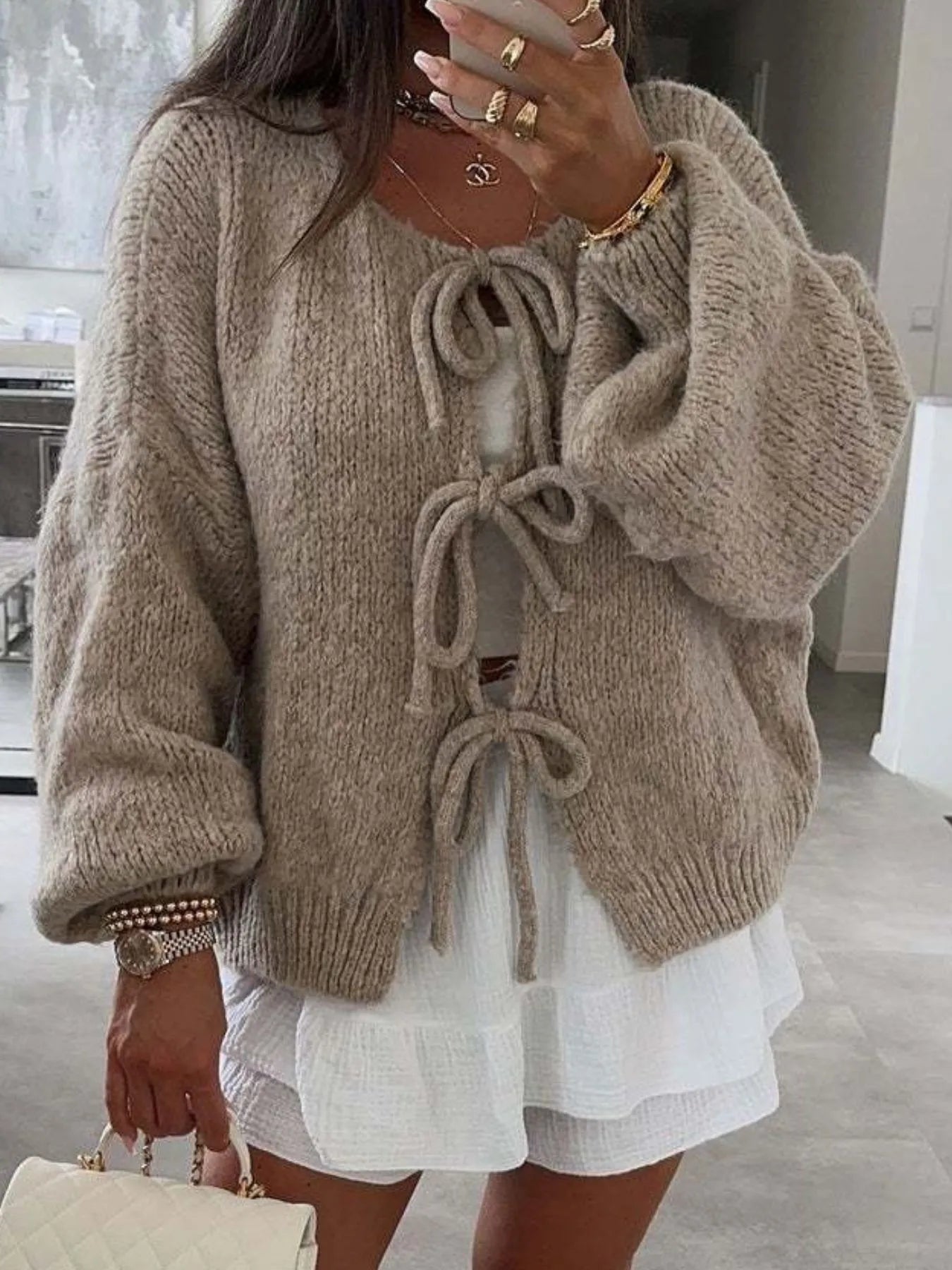 Cozy Bow-Tie Front Knit Cardigan
